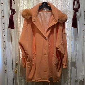 MADE IN FRANCE-BEAUTIFUL PEACH WOOL BLEND EMBROIDERED ACCENTED JKT W/FOX TRIM